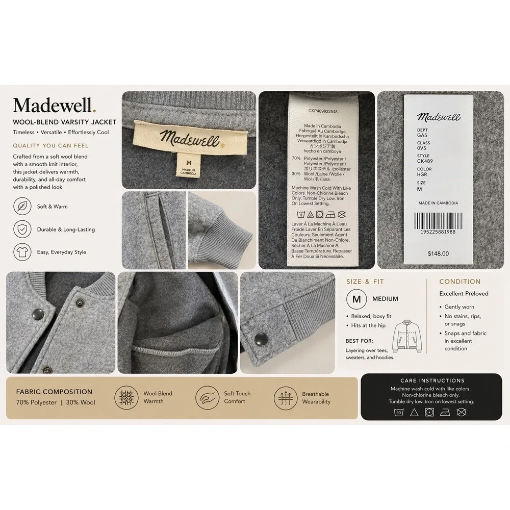 Madewell Wool-Blend Varsity Jacket Womens Medium Grey Excellent CK489 Bomber